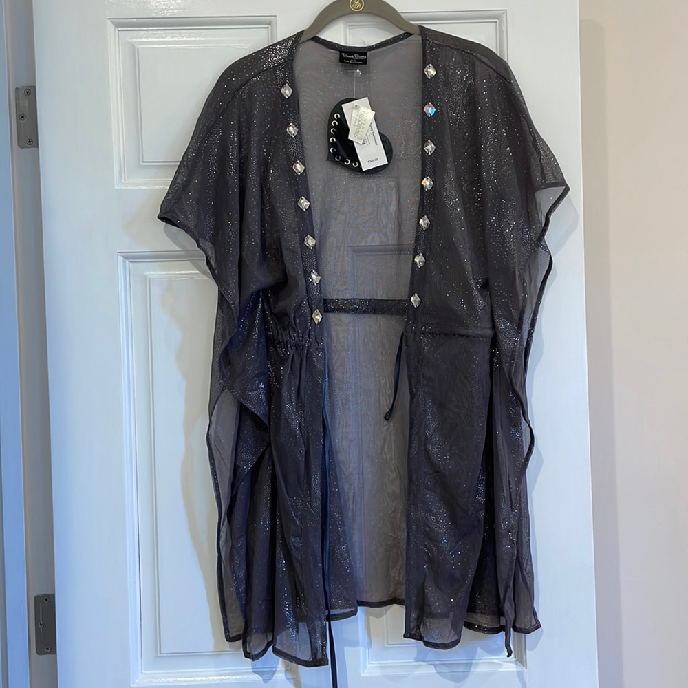 NWT Beach Bunny " Need you Now" charcoal flutter tunic with swarovski gems in M
